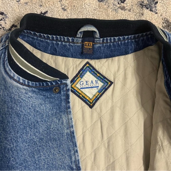 Vintage Denim Varsity Jacket with Beige Sleeves - Picture 4 of 8